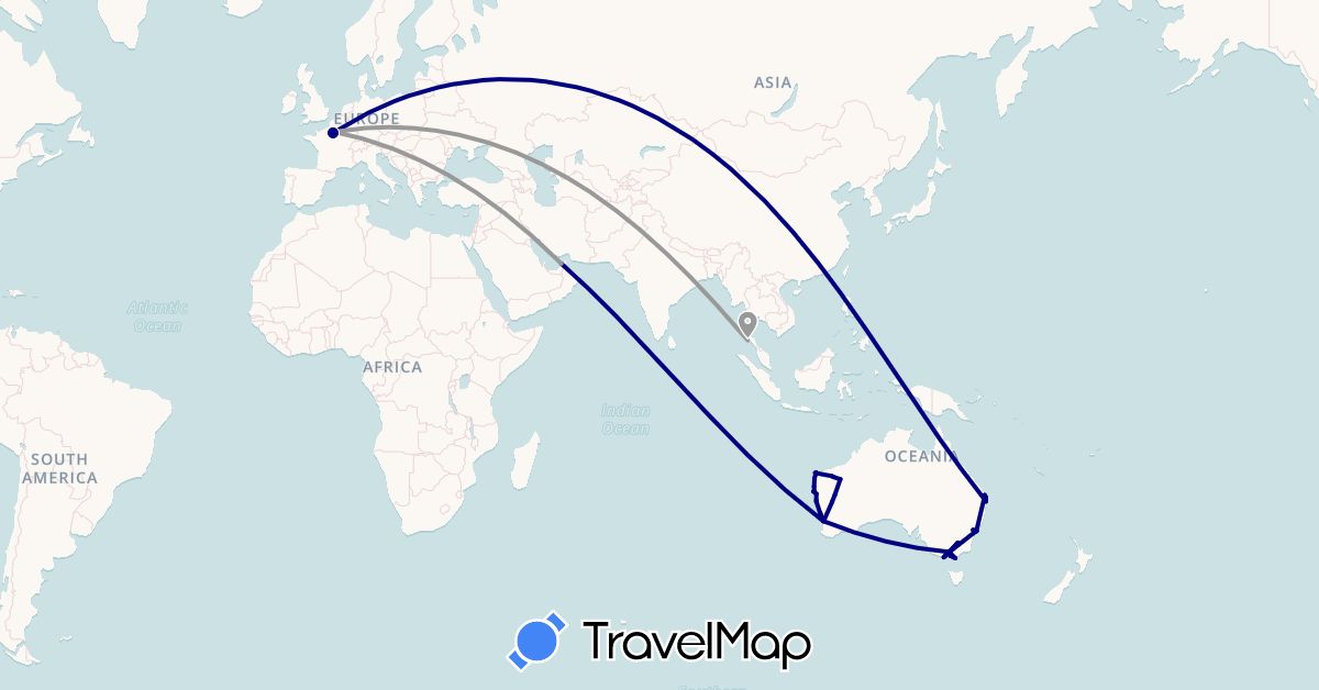 TravelMap itinerary: driving, plane in United Arab Emirates, Australia, France, Thailand (Asia, Europe, Oceania)